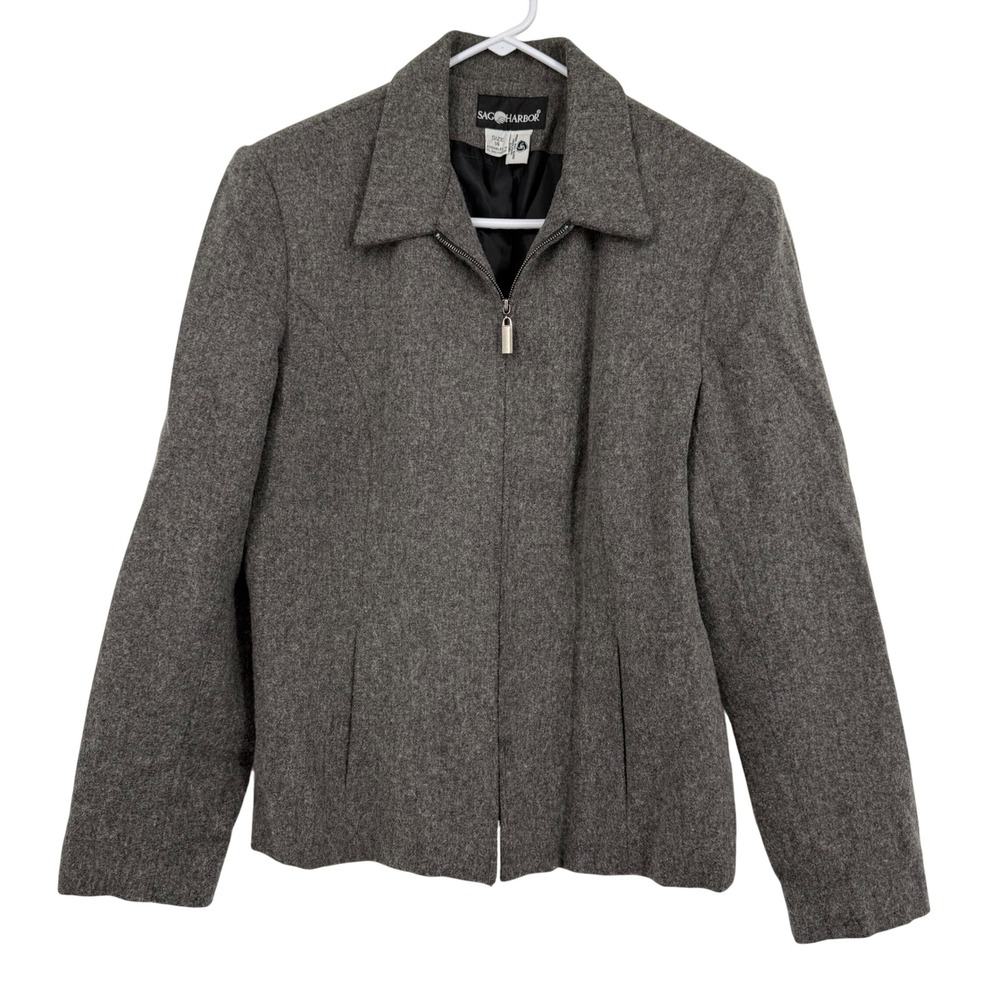 Sag‎ Harbor Blazer Size 14 Gray Wool Blend Full Front Zip Long Sleeve Pockets